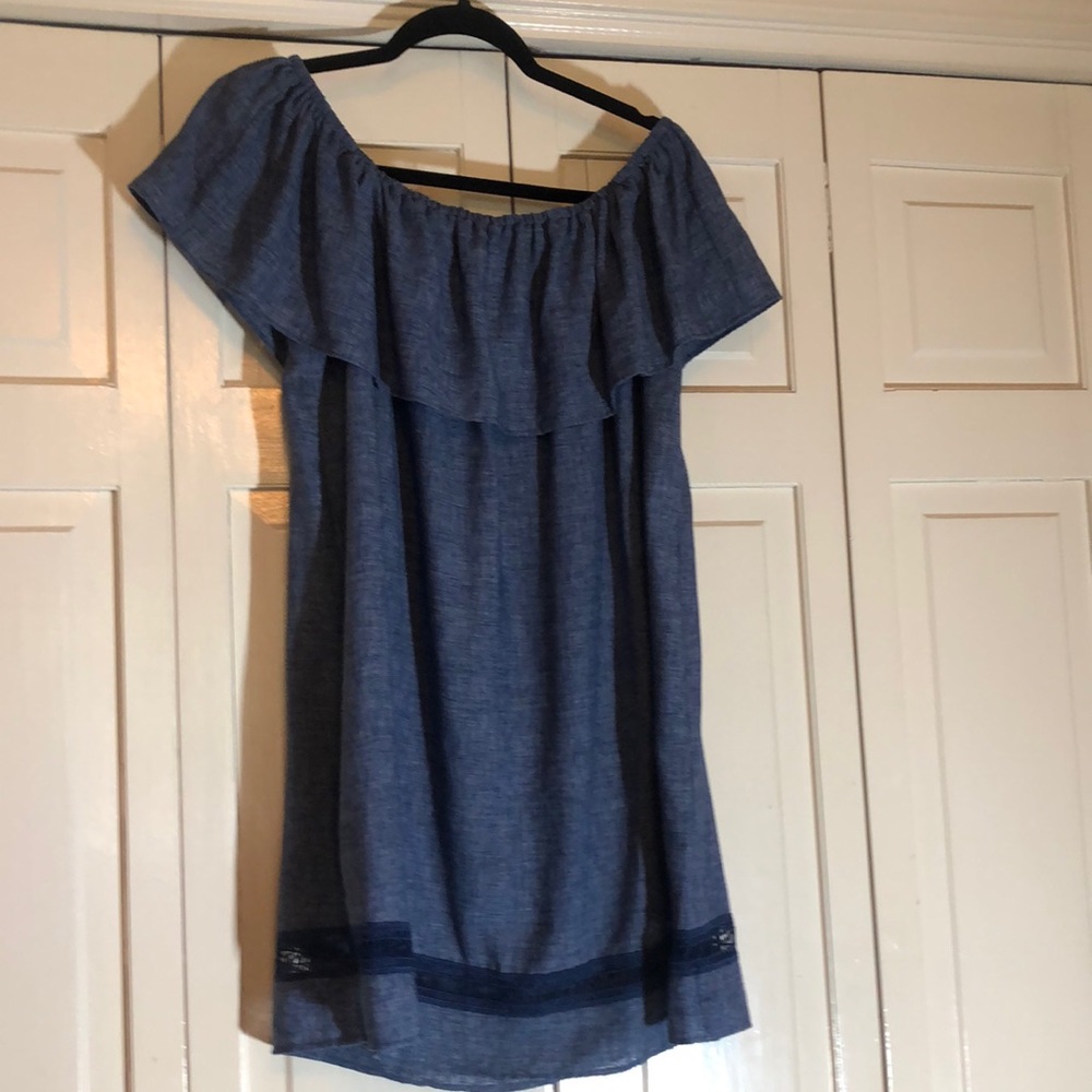 Zara Basic Z1975 Denim Chambrey Flounce Dress Coverup Linen Blend SZ S